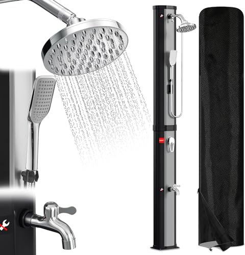 Randaco Solardusche Solar Gartendusche warmes Wasser Bis Zu 60°C Ohne Stromanschluss Pooldusche Camping mit Fußdusche und schwenkbarem Regenduschkopf Silber-Schwarz(60L)