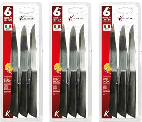 Kasaviva Coltelli da Bistecca, Set di 6pz per Tavola,ideali anche per Carne e Pizza, Lama in Acciaio Inox, Manico Indeformabile (3, Neri), 164986