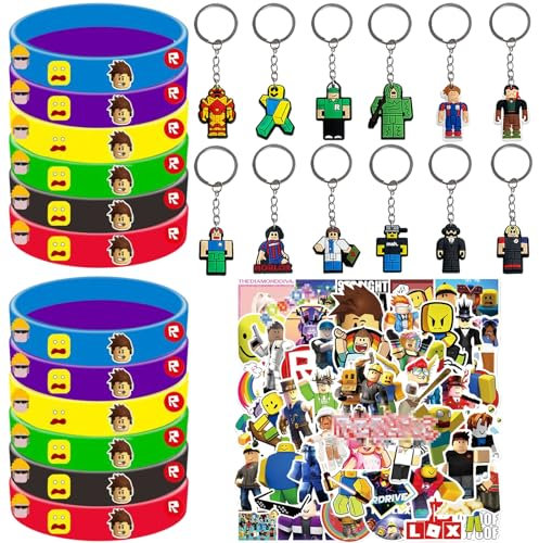 KEVRDRT 74 Pezzi Regalini Fine Festa Compleanno R-oblox, R-oblox Gadget Compleanno Bambina, Regalino Compleanno Bambini Invitati Gadget da Festa con Adesivi Braccialetto Portachiavi