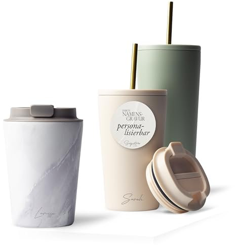 MAMEIDO Thermobecher personalisiert 350ml - Kaffeebecher to go mit Namen aus Edelstahl doppelwandig isoliert, auslaufsicher - Namensgravur als personalisiertes Geschenk (White Marble, 0,35l)