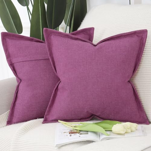 Madizz 2er Set Polyester Leinen Kissenbezügen mit breiter Kante Weiche dekorative Kissenbezüge für Sofa Schlafzimmer Kissenhülle Fuchsia 50x50 cm Quadrat