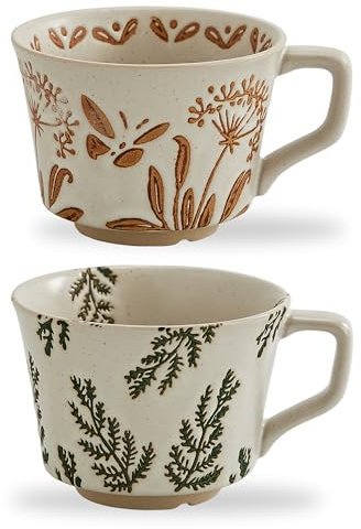 Swuut Juego de 2 tazas de café de cerámica vintage de 12 onzas, hechas a mano de cerámica rústica con asa para café con leche, cacao caliente, tazas de té, lavavajillas y microondas (plantas)