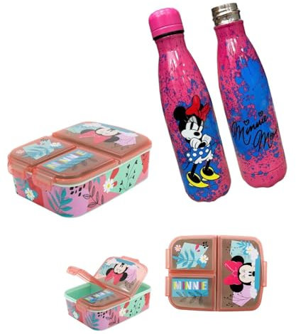 PELLECCHIA 1969 | Set Pranzo Scuola 2 Pezzi | Porta Merenda Scuola con 3 scomparti in Plastica BPA Free e Bottiglia termica in acciaio inossidabile con tappo svitabile 500ml (MINNIE 24)