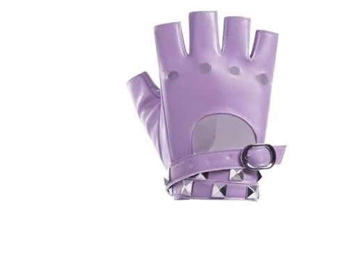 BrightGlow Punk Handschuhe Damen Nieten Halbfinger Handschuhe Fingerlose Rock Handschuhe Stilvolle Leder Handschuhe Fingerfrei Disco Kostüm Zubehör für Tanz Performance Pole Dance Party Lila 1 Paar