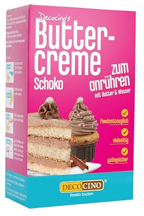Decocino Buttercreme Schoko 250g -fertige Buttercreme Mischung im Schoko Geschmack, ideal für Torten, Kuchen und Cup Cakes, Topping, Motivtorten, Frankfurter Kranz, Geburstag, Hochzeit