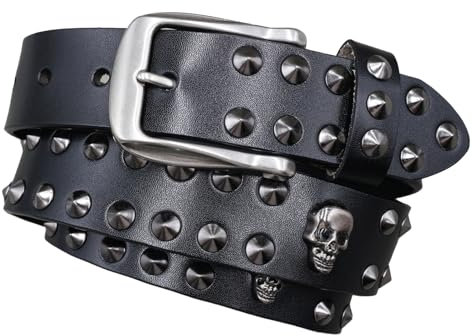 Surrycee Schwarz,115cm(38~40), Gürtel aus Rindsleder für Herren und Damen, mit Totenkopf und konischen Nieten, für Jeans, Hosen, lässiger Punk- und Gothic-Rock-Biker-Stil, 3,8 cm breit