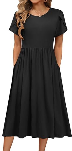 HOTOUCH Women's Elegant Tunic Dress Round Neck Casual Ladies Dresses Midi Short Sleeve Puff A Line Classic Midi Dress with Pockets Maxi Party Black XL