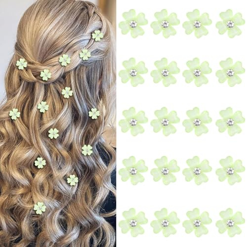 YISSION 20 mini pinzas de pelo de flores verdes con diamantes de imitación, horquillas decorativas para el pelo de boda, accesorios para el cabello de novia para niñas y mujeres
