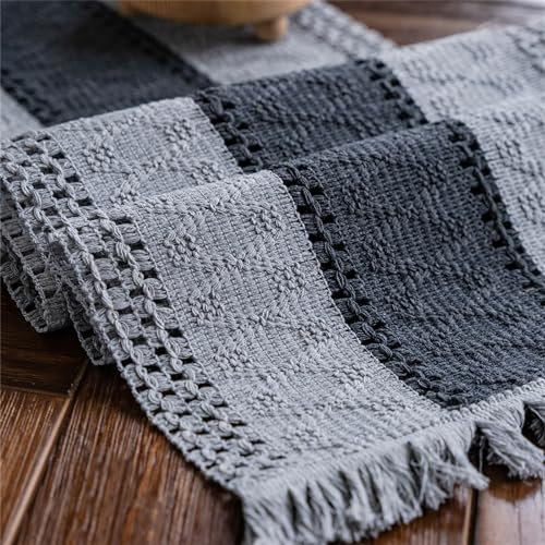 Weldomcor Grau Makramee Tischläufer Boho Baumwollflachs Tischläufer mit Quasten, Rechteckige Häkelspitze Mesh Tischdecke für Küche Vintage Bauernhaus böhmische Hochzeit Tabletop Dekor, 30x120cm