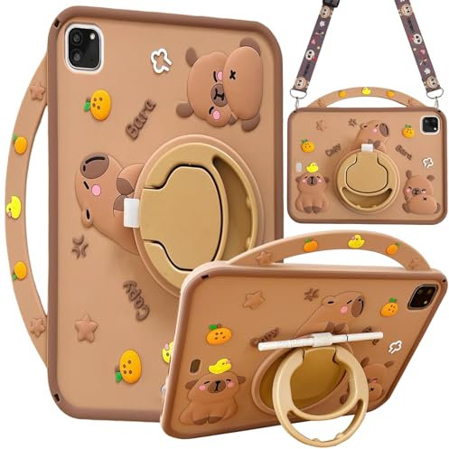 A-BEAUTY Kinder Hülle Kompatibel mit iPad Air 11 Zoll (M3/M2 2025/2024), iPad Air 5./4. Generation 2022/2020 10,9 mit Stifthalter Rotierende Ständer Schulterriemen Capybara