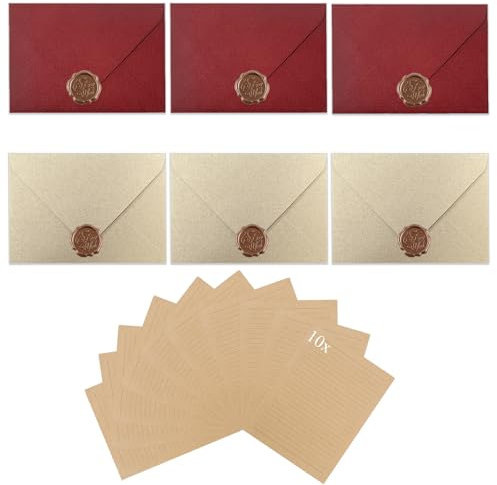 Vintage Briefpapier mit Umschlag, Briefpapier Set mit 16 A5 Altes Papier, 6 Vintage-Papier Umschläge, 6 Wachssiegel-Aufkleber, Schreibpapier Set, Büttenpapier Schreiben Antik Briefumschläge