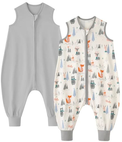 Looxii 2er Pack Baby Sommerschlafsack mit füßen 0.5 Tog Schlafsack Baby 100% Baumwolle Baby Schlafsack für Kinder 18-36 Monate Jungen Mädchen 80 cm Grey Forest