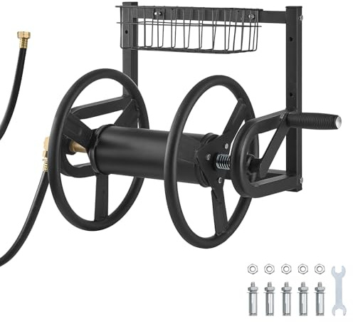 VEVOR Wall Mounted Garden Hose Reel, Holds 125 ft 5/8-inch Hose, Heavy-Duty Water Hose Winder, Space-Saving Design, Outdoor Manual Reel with Brass Fitting and Storage Basket for Yard Lawn