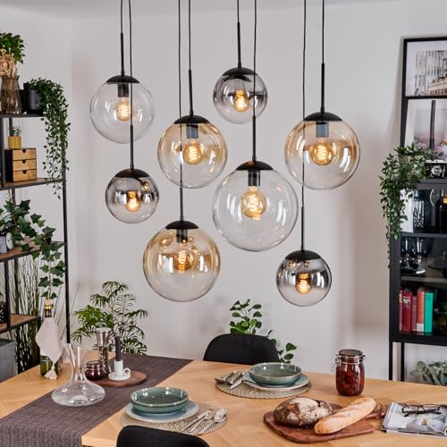 HOFSTEIN Hängeleuchte Gastor, 8-flammige Hängelampe aus Metall/Glas in Schwarz/Rauch/Bernstein/Klar, Pendelleuchte im Retro/Vintage-Design (Schirme Ø 20; 25; 30 cm), E27, Esszimmer, Küche, Wohnzimmer