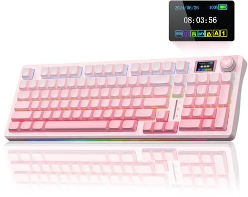 AULA S98 Pro Wireless Mechanical Keyboard with Screen & Knob,2.4GHz/USB-C/BT5.0 Hot Swappable Pink Creamy Keyboard,Pre-lubed Linear Switches,Side Printed PBT Keycaps,RGB Backlit Gaming Keyboards