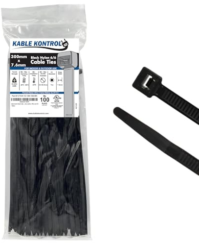 Kable Kontrol Black Cable Ties, 300 mm x 7.6 mm, Pack of 100, 12 Premium Nylon Zip Ties, Multi-Purpose Plastic Tie Wraps, Secure Self-Locking Mechanism, for Home, Garden, Office and DIY