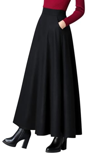 Womens Vintage A-line Long Maxi Skirts Fall Winter Business Office Swing Pleated Flared High Waisted Skirt with Pockets