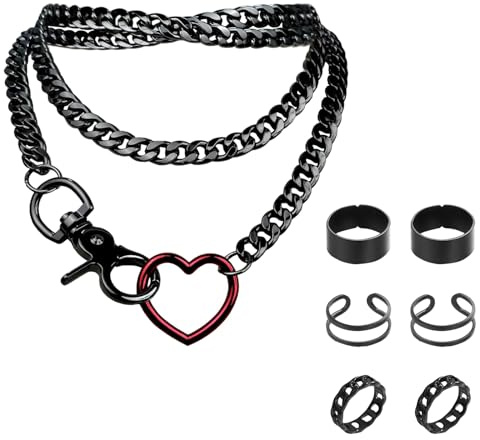 AHEJIOO Gothic Schmuck, Goth Schmuck Halskette Mit 3-Teiligem Ring-Set, Schwarz, Punk Accessoires Für Täglichen Gebrauch Und Festivals, Unisex Schmuck