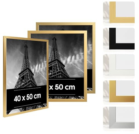 Estancia 3 Stück Goldfarbene Bilderrahmen aus Kunststoff, 40x50 cm – 3er-Pack 40 x 50 cm Rahmen mit Bruchsicherem Acrylglas – Moderner Fotorahmen für Wände und Tische