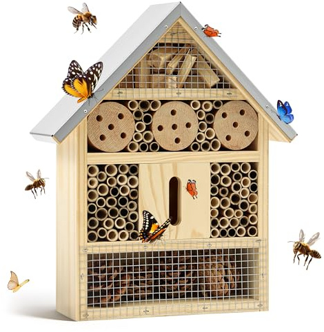 UUMENHA Insect Hotel & Mason Bee House - Butterfly House,Multi-Functional Bee Hotel for Garden, Attract Pollinators,Durable Natural Wood Design,4.13×2.56×10.63 inches