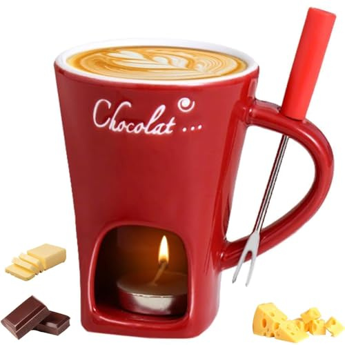 Chocolate Fondue Mug with Forks, Ceramic Chocolate Melting Cup Fondue Set for Candy Caramel Party, Hot Chocolate Mug for Candy Snack Caramel Party (1PCS - Red)