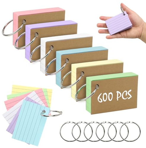 Karteikarten A8 Liniert,5.1 x 7.4cm Klein Flashcards,Linierte Lernkarten,Vokabelkarten Index Cards,Bunte für Englisch Vokabeln Lernen,Schule (600, Karteikarten A8 Liniert mit Krafteinband und Ring)