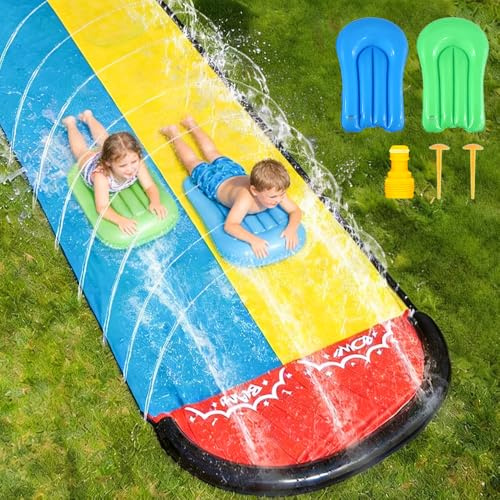 TGKYK Wasserrutsche Garten für Kinder, 15.7ft/480cm Wasserrutschbahn mit 2 Bodyboards, Doppelte Rutschbahn Outdoor Wasser mit Eingebautem, Wasser Rutsche für Garten Outdoor