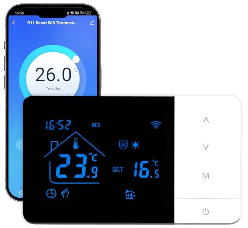 Thermostat Chaudière Gaz à Pile WiFi Thermostats D'ambiance Programmable 3A | Thermostate Intelligent Numérique Murale Refroidissement/Chauffage Compatible avec Google Home Alexa Tuya,Luminosité Réglable