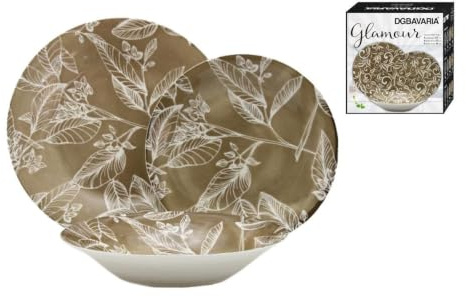 Servizio Piatti 18 Pezzi – Collezione in Pregiata Porcellana – Set Tavola Moderno per 6 Persone – Diverse Fantasie Disponibili, (Foglie Tortora)