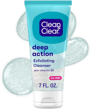 Clean & Clear Deep Action Exfoliating Facial Cleanser, Scrub & Face Wash, Pro-Vitamin B5, Lactic & Glycolic Acids, Oil-Free Gentle Daily Exfoliator for Soft, Smooth, Hydrated Skin, Vegan, 7 Fl Oz Tube