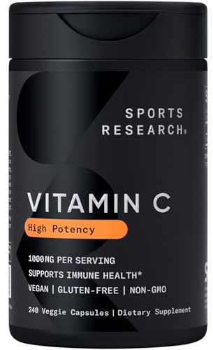 Sports Research High Potency Vitamin C Supplement - Vegan Veggie Capsules for Antioxidant Activity & Immune Support - Non-GMO Verified & Gluten Free - Ascorbic Acid Vitamin C 1000mg, 240 Count