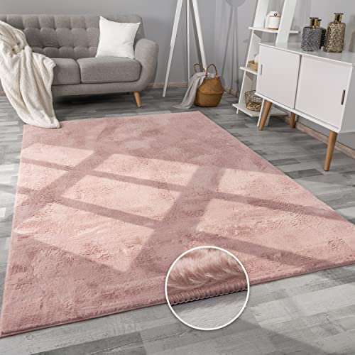 Paco Home Teppich Wohnzimmer Kunstfell weich waschbar modern elegant pflegeleicht Felloptik Uni Seidenglanz flauschig Kurzflor, Grösse:60x90 cm, Farbe:Pink