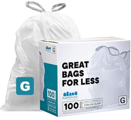 Plasticplace Custom Fit Bin Bags, Compatible with simplehuman Code G (100 Count) White Drawstring Bin Liners 8 Gallon / 30 Liters, 17.5 x 28