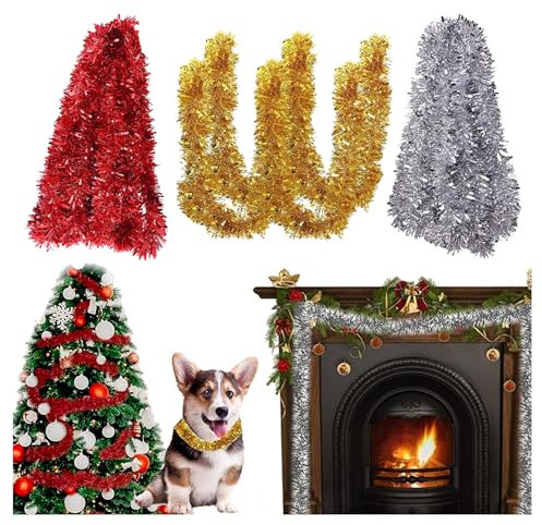 Xiuyer 30M Weihnachten Lametta Girlande Metallisch Lametta Silber Rot Gold Glänzend Hängende Dekoration für Weihnachtsbaum Kranz Hochzeit Party(15 Stück)