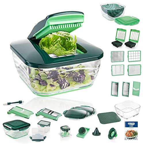 Genius Nicer Dicer Chef Deluxe XXL 37-teilig mit Glasschüssel-Set, Tomaten-Gemüse-Schneider & 3in1 Siebschüssel - Zerkleinerer Zwiebelschneider Pommesschneider, Grün