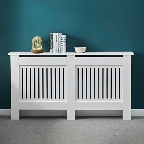 CLIPOP White Radiator Cover Modern Painted Vertical Slatted MDF Cabinet, Radiator Shelve for Living Room Bedroom Furniture (Large)