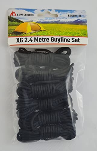 ESW LEISURE Guyline Ropes 6 Pack For Tents Awning Camping Strong Lightweight Paracord Guy Rope With Tensioner Guy Lines Fishing Umbrella Shelter Bivvy Caravan Gazebo Tarp (Black, 2.4 Metre 6 Pack)