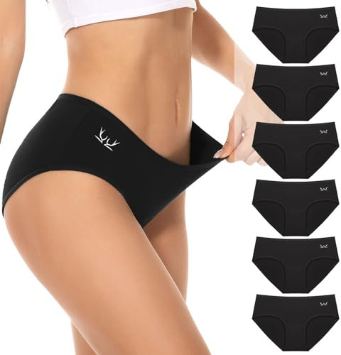 Culotte Femme Coton sous-vêtements Femme Stretch Taille Moyenne Panties Slip Respirant Multipack Paquet de 6, Noir XXL