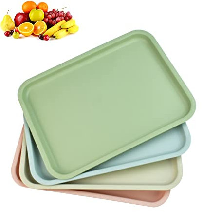 QUCUMER 4 Pcs Large Rectangular Plastic Food Trays - 14.4x10.5inch, Drink & Snack Serving Tray for Tea, Coffee (4 Color)