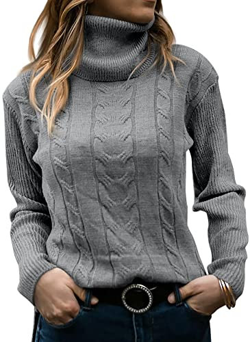 GeGekoko Womens Turtleneck Sweaters Cable Knit Long Sleeve Tops Pullover Soft Jumper Grey