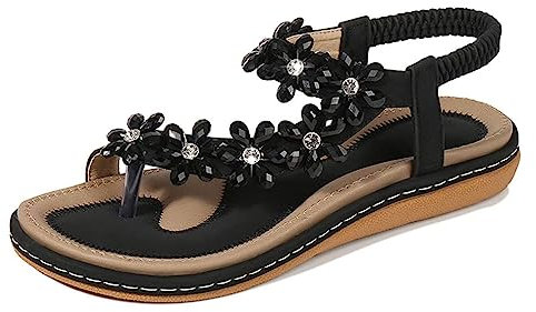 Amissz Sandali Donna Sandalo Estive Eleganti Scarpe Bassi Eleganti Strass Decorato Comodi Piatto Infradito da Mare Stile 2 Nero 42 EU