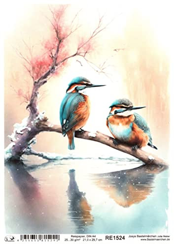Josys Bastelmärchen Reispapier A4 Strohseide Decoupage Eisvogel Vögel Zweig See Landschaft RE1524