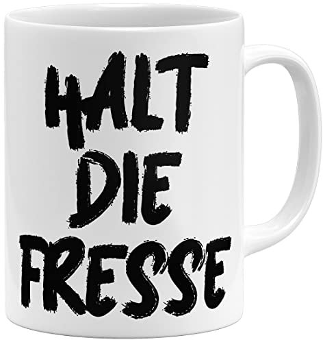 OM3® lustige Tasse mit Spruch - Halt die Fresse - Statement | Keramik Becher | 325ml | Beidseitig Bedruckt | Weiss