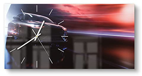 DEQORI Glasuhr | vertikal 60x30 cm | Motiv Sportwagen im Tunnel | große XXL Design Uhr aus Glas | leise Wanduhr für Wohnzimmer & Küche | moderne Hingucker Uhr für die Wand
