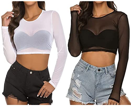 Women's Mesh Crop Tops, 2 Pack Sexy See Through Short Sleeve Vest, Long Sleeve Round Neck Slim Fit Shirt Sheer Blouse T Shirt Casual Basic Crop Tops for Party Clubwear