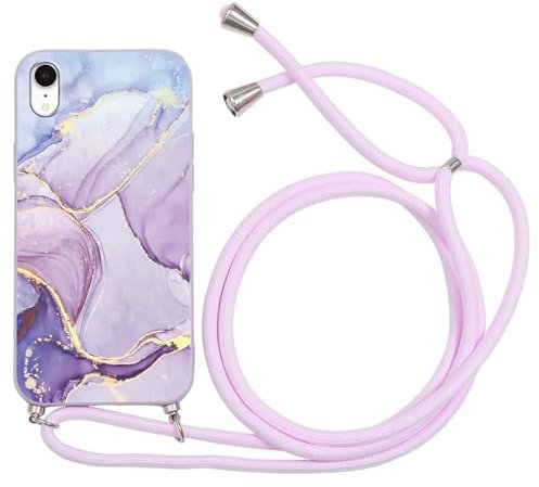 ZhuoFan Handykette für iPhone XR Hülle mit Band, Aesthetic Marmor Muster Verstellbarer Halskette Handyhülle mit Kordel zum umhängen, Violett Silikon Stoßfest Schutzhülle mit Kette, Marble