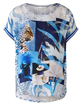 Oui Damen Blusenshirt Webpatch digital Bedruckt mit Deko lässig geschnitten Alloverprint Freizeit Rundhals Blende Viskosemischung