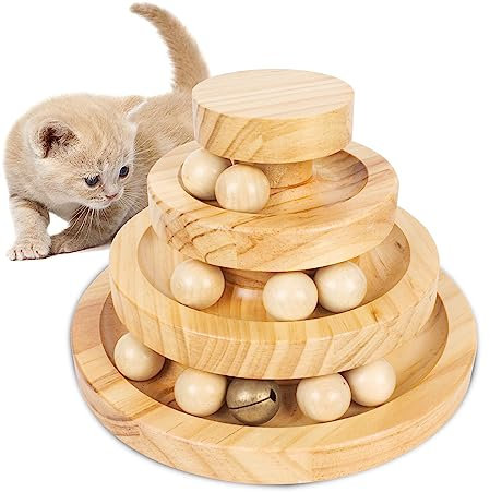EasyStar Cat Toys for Indoor Cats, Wooden Cat Ball Toy with Three Layer Track, Interactive Cat Toy with Bell, Safe and Robust, Indoor Cat Toys for Stimulation, Suitable for Cats Adult or Kitten