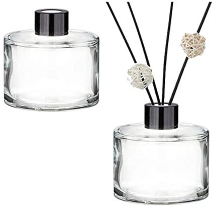 Set of 2 Round Glass Diffuser Bottles with Black Caps - Empty Refillable Glass Fragrance Reed Diffuser Bottles - Fragrance Accessories for DIY Replacement