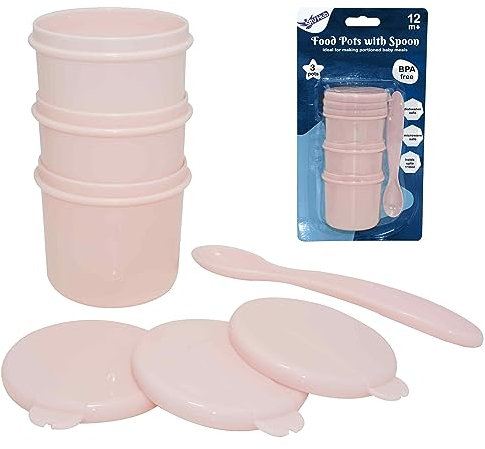 Lot de 4 pots alimentaires avec cuillère, parfaits pour faire des repas de bébé en portions | Pots de rangement de 110 ml | Empilables | Couvercles étanches | Couleurs vives